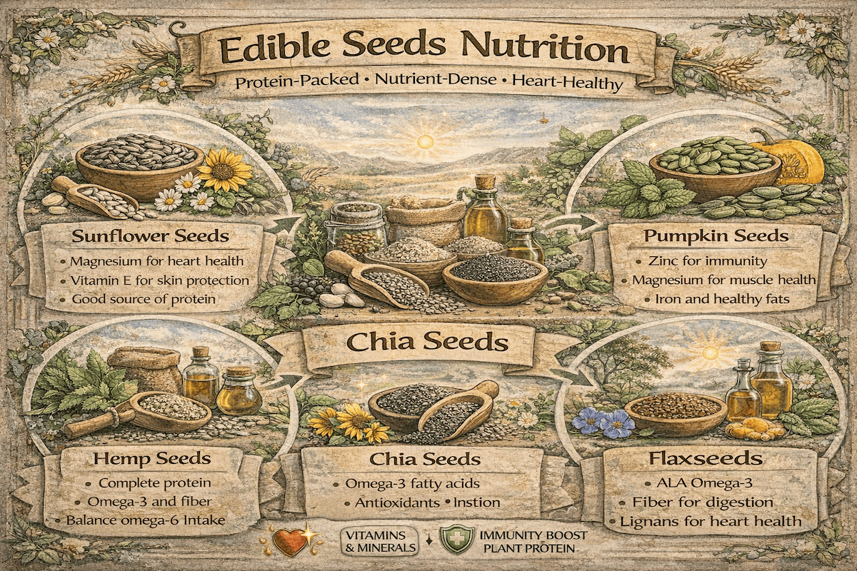 Infographic showing the nutrition and health benefits of edible seeds such as chia, flax, pumpkin, and sunflower seeds