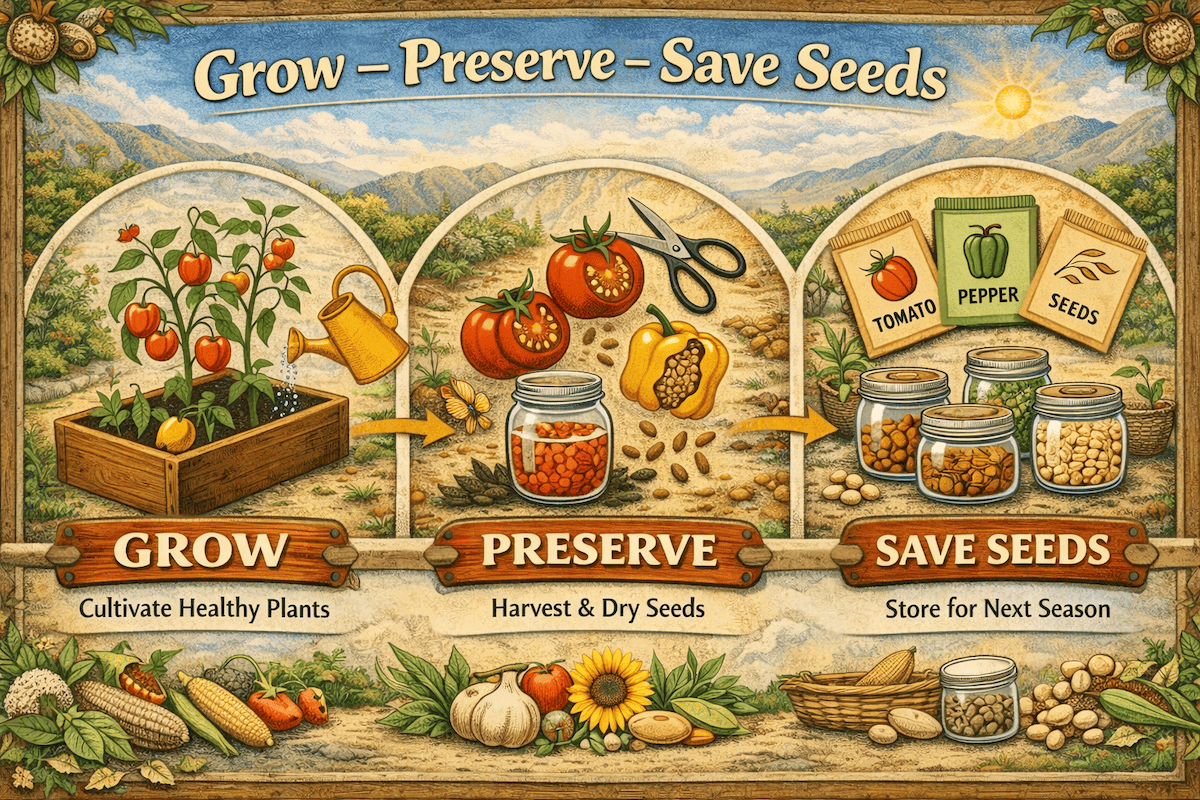 Step-by-step seed saving infographic showing growing vegetables, harvesting seeds from tomatoes and peppers, and storing seeds in labeled jars