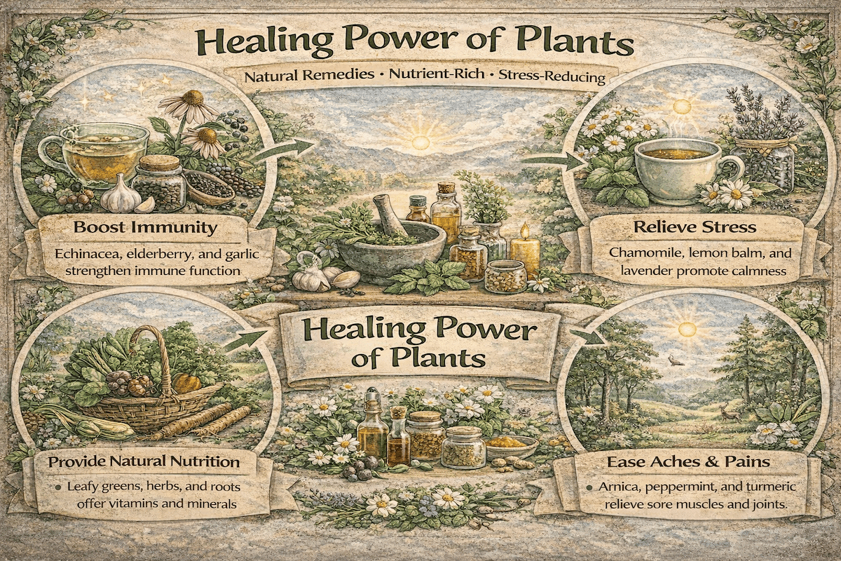 Infographic highlighting the health and wellness benefits of medicinal and edible plants