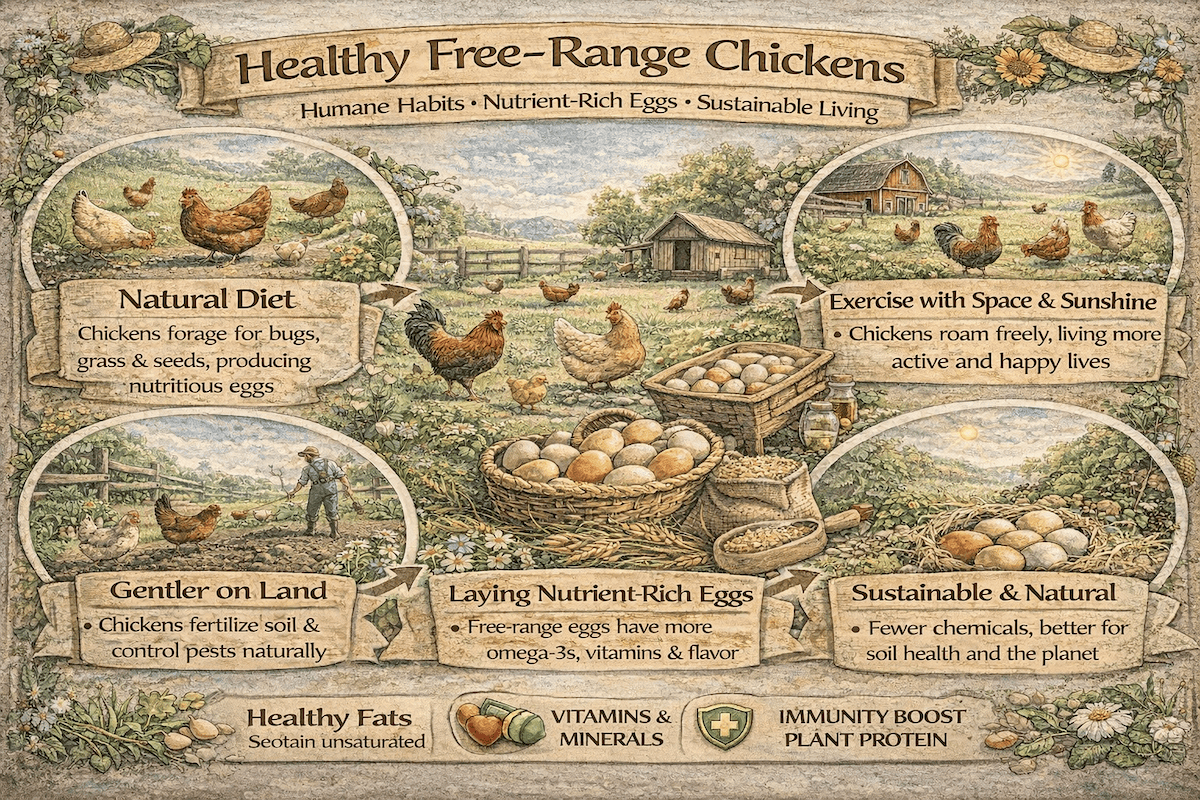 Infographic explaining the benefits of raising free-range chickens for healthier meat, soil fertility, and regenerative farming systems