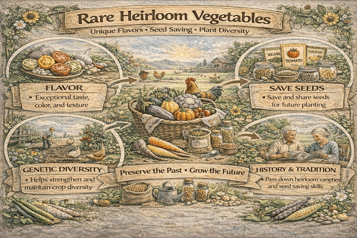 Infographic explaining heirloom vegetables and seed saving, showing how preserving traditional plant varieties protects biodiversity and supports sustainable food systems.