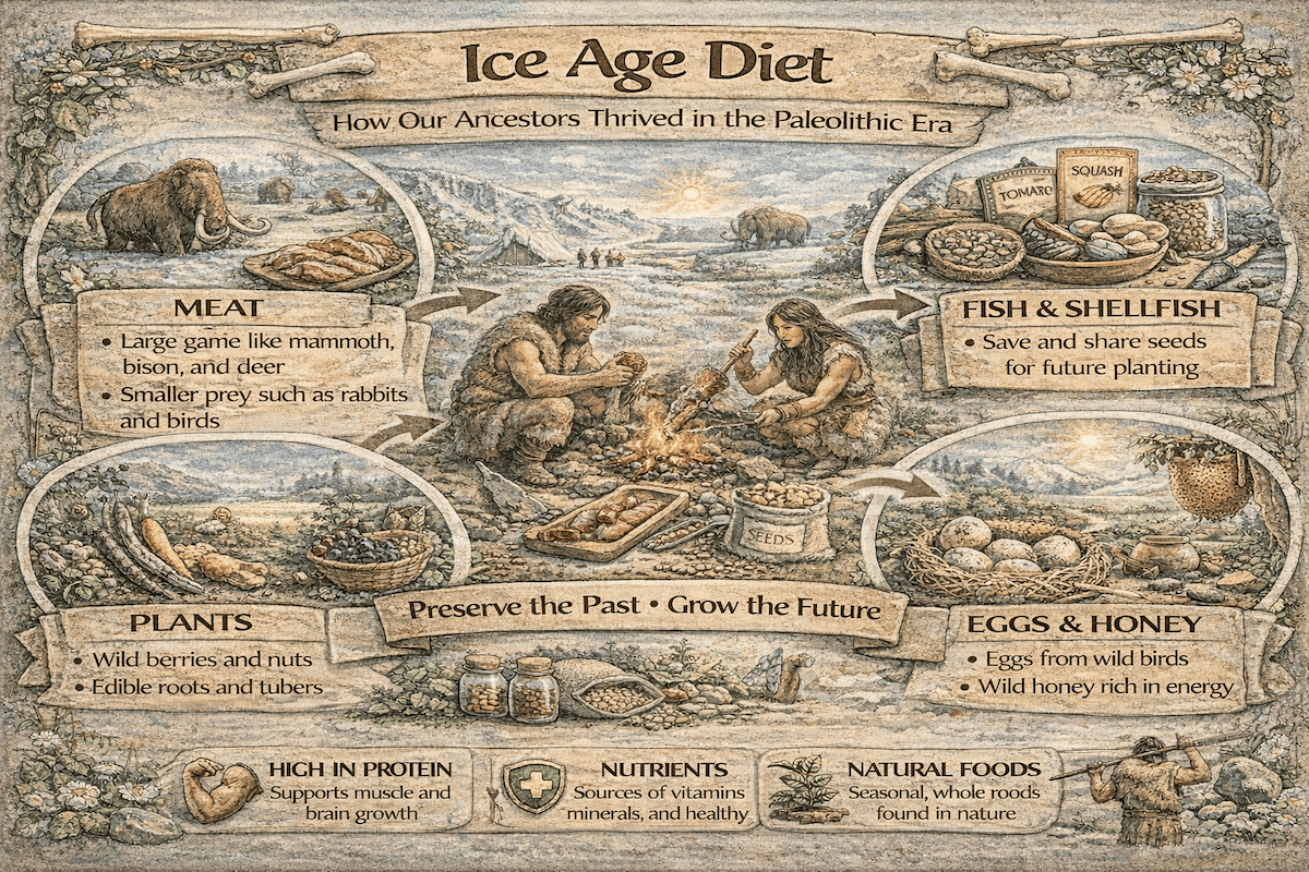 Ice Age diet infographic showing foods eaten by early humans including wild meat, fish, nuts, seeds, berries, and roots