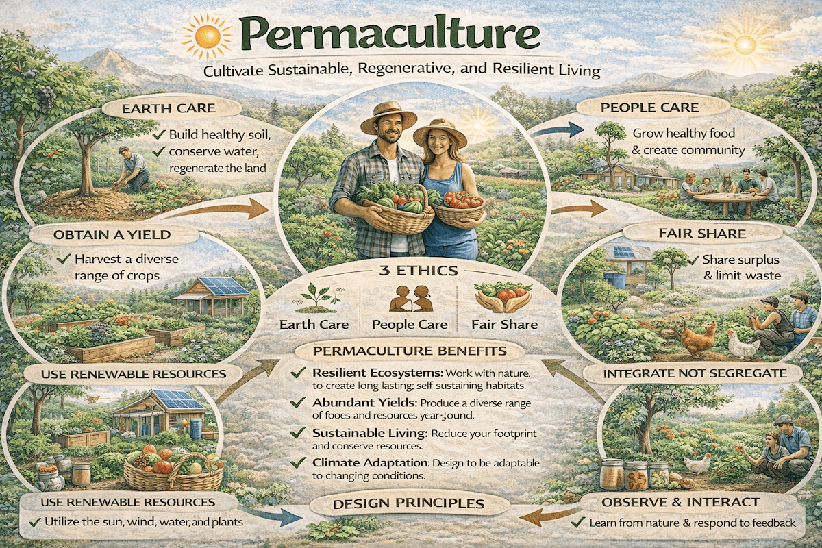 Permaculture garden design showing a layered food forest with trees, shrubs, and groundcover