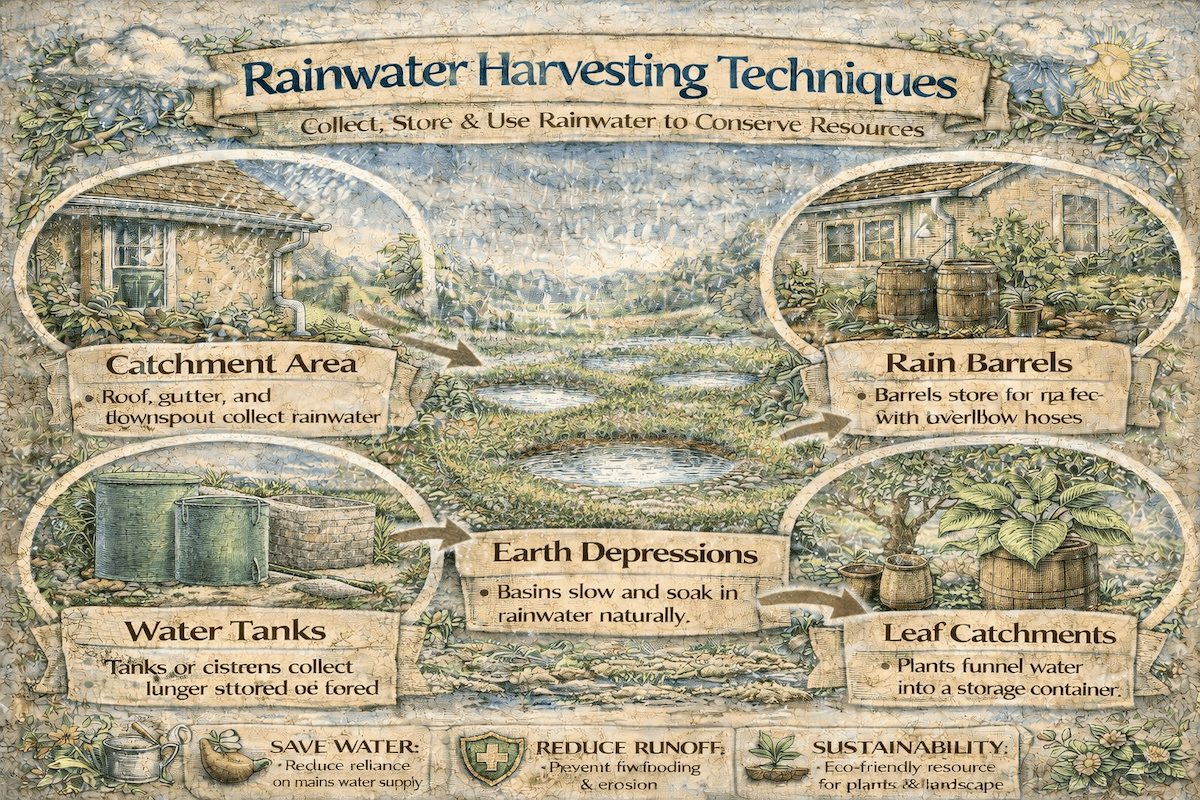 Infographic illustrating rainwater harvesting techniques including rooftop catchment, gutter systems, storage tanks, filtration, and water reuse for gardens and agriculture