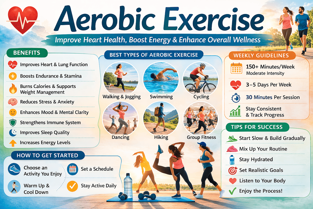 Aerobic exercise infographic showing walking, cycling, swimming, and other cardiovascular activities that support endurance, heart health, and cancer recovery.