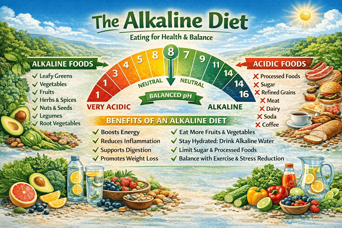 Alkaline diet infographic showing alkaline foods, acidic foods to limit, and plant-forward nutrition tips