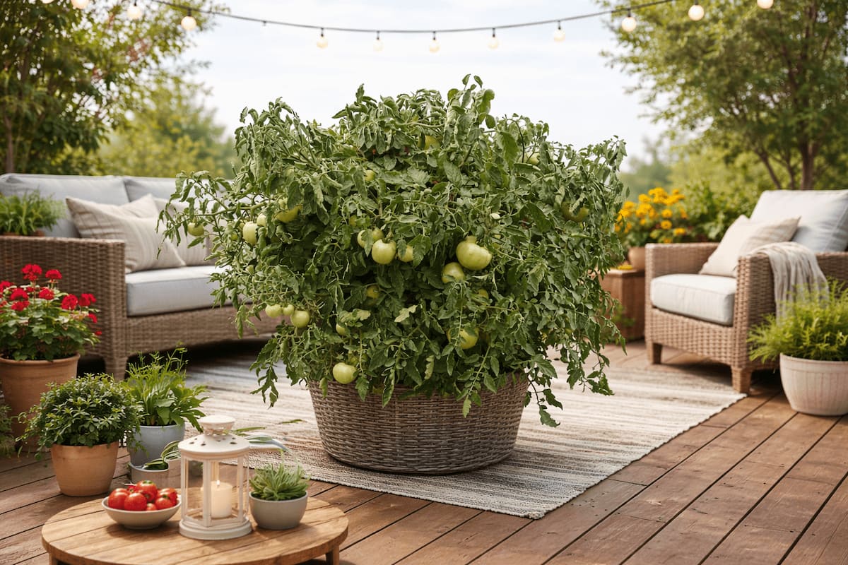 Large tomato plant growing abundantly in a balcony container garden