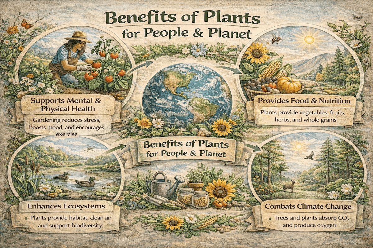 Infographic highlighting the environmental and health benefits of plants for people and the planet