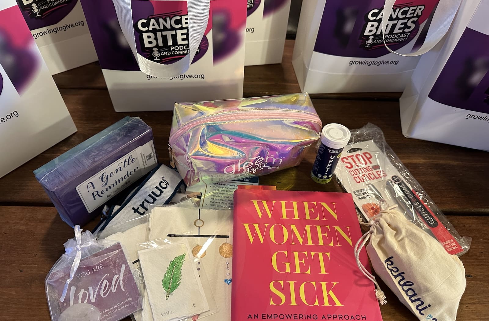 Over a dozen helpful items in each GTG Cancer Bites gift bag