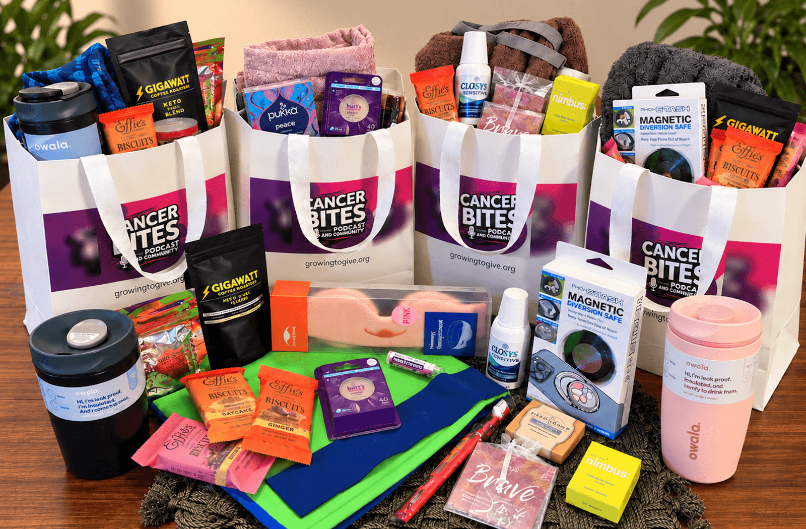 Cancer Bites wellness gift bags filled with personal care products, healthy snacks, tumblers, and comfort items for cancer patients
