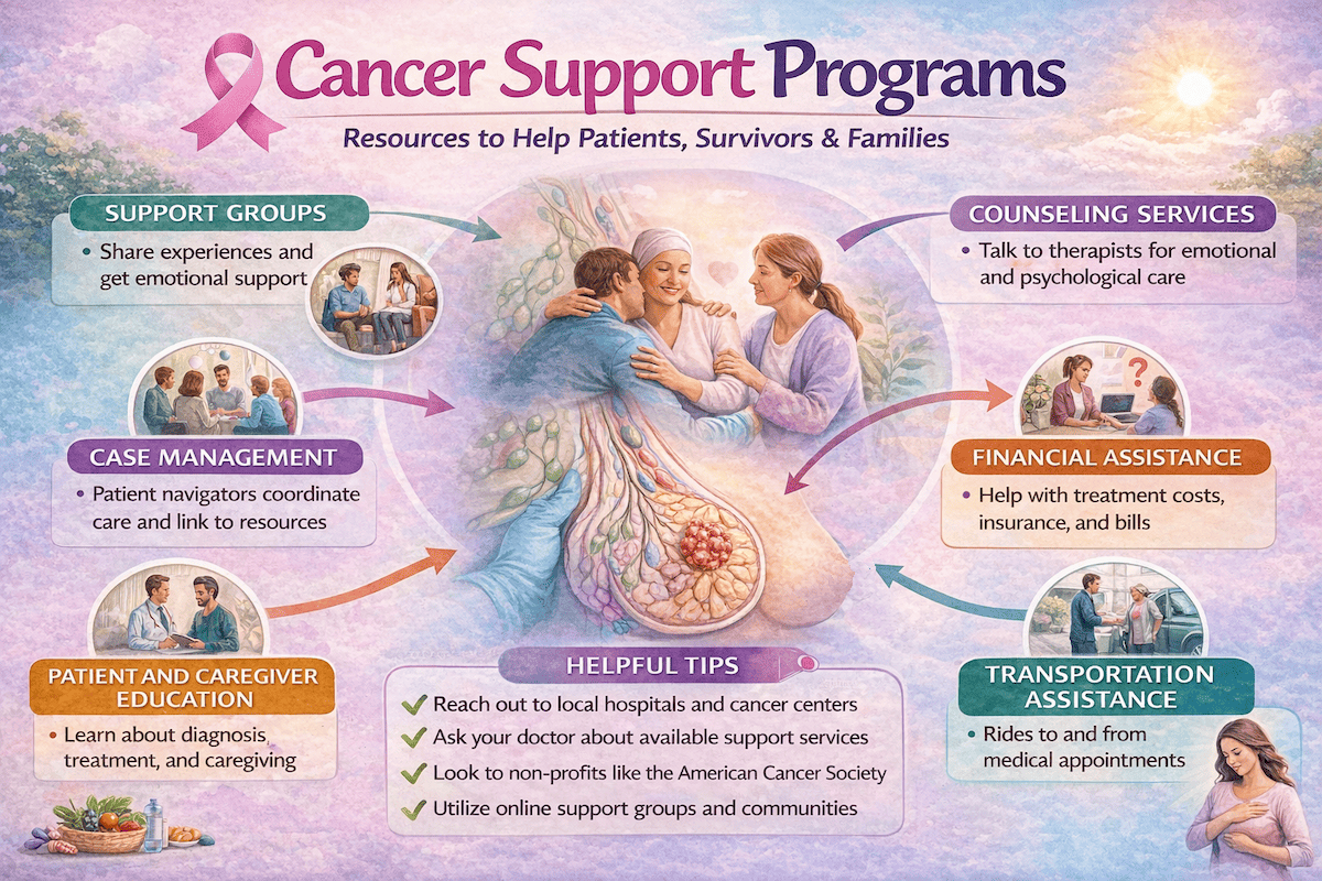 Cancer support programs infographic showing resources, emotional support, nutrition guidance, and community help for people facing cancer