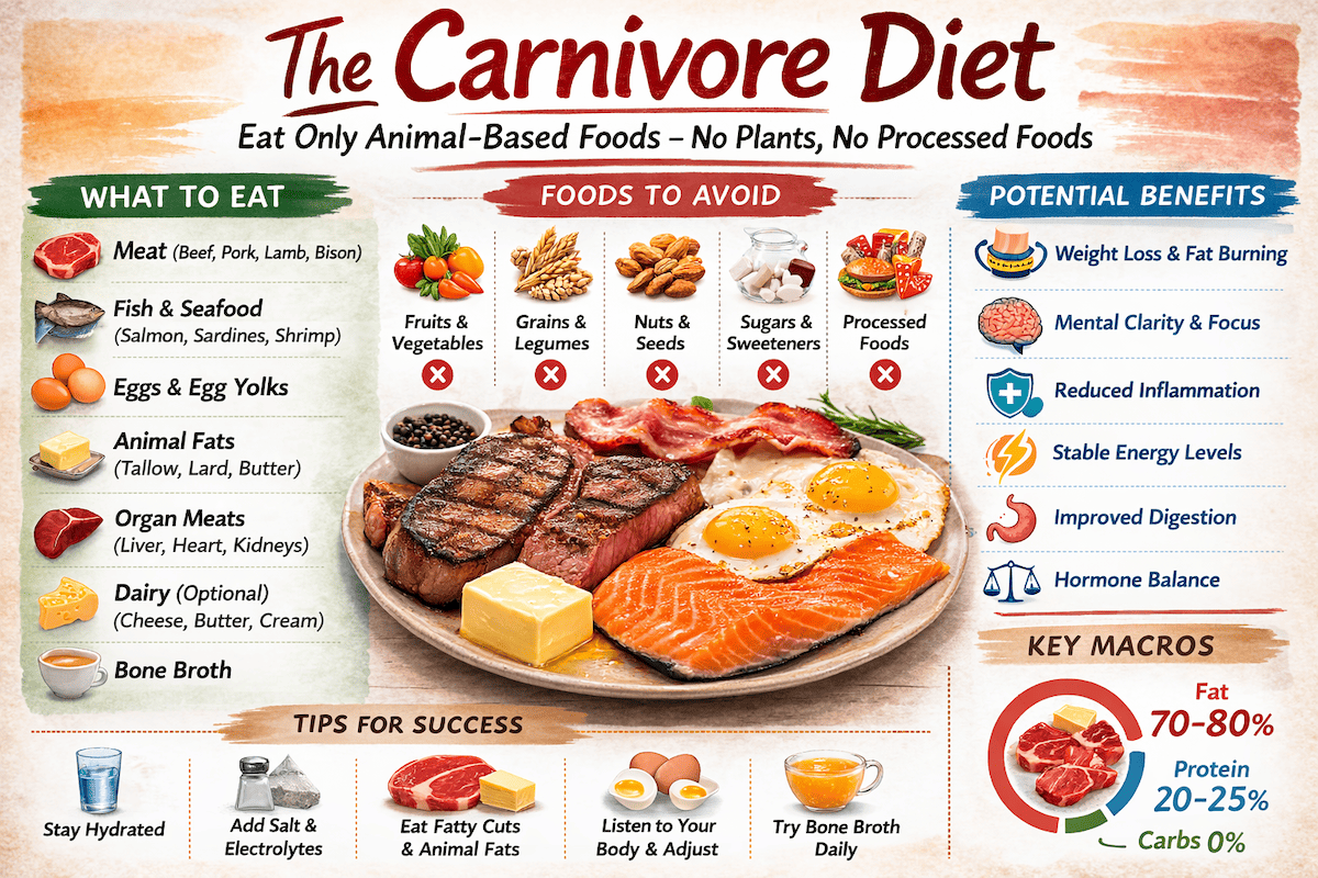 Carnivore diet infographic explaining animal-based foods, potential benefits, and health considerations