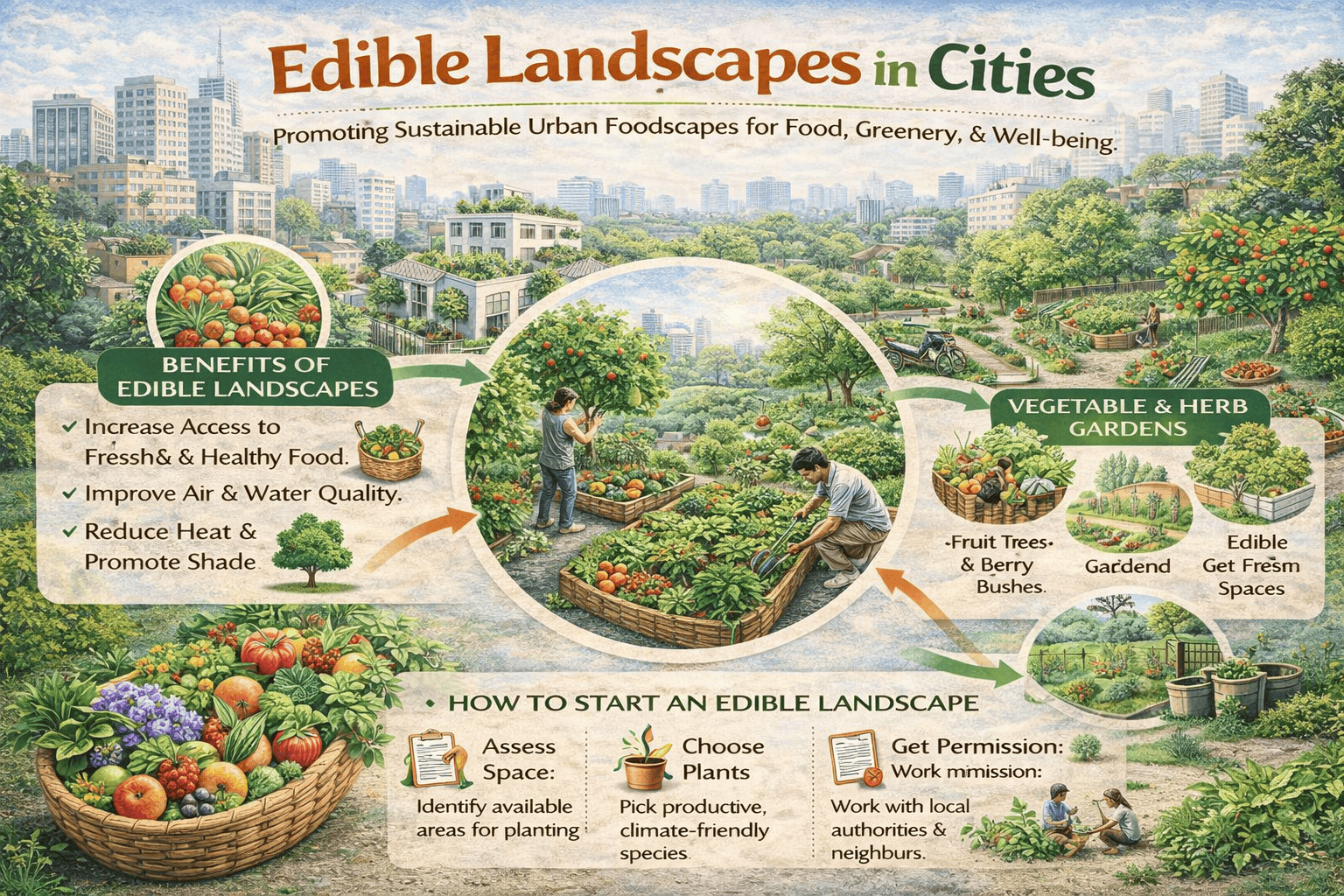Edible landscapes in cities infographic showing urban gardens, fruit trees, vegetable beds, and benefits of growing food in urban environments