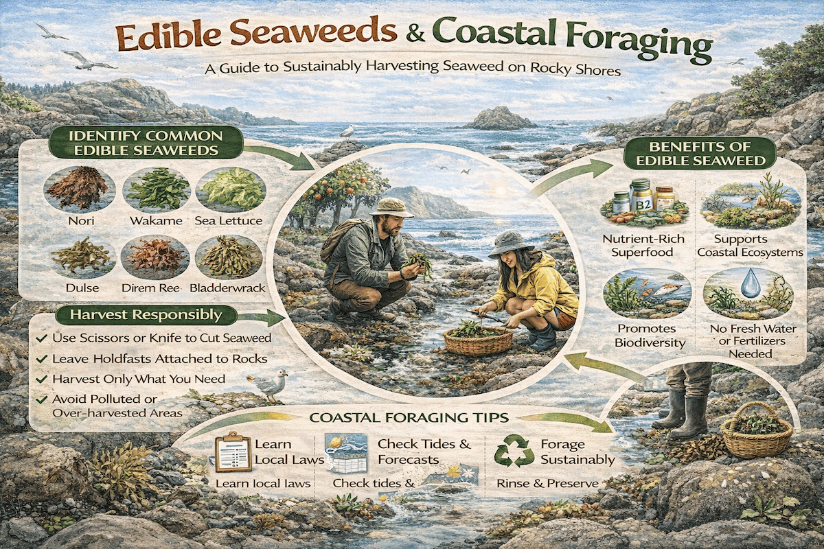 Edible seaweeds and coastal foraging infographic showing common edible seaweeds like nori, wakame, dulse, and sea lettuce with sustainable coastal harvesting tips