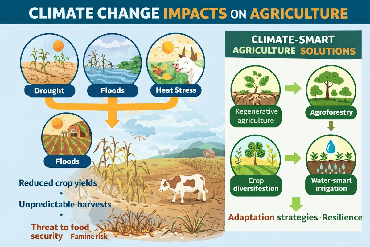Infographic showing how climate change affects agricultural production through drought, flooding, heat stress, and yield loss