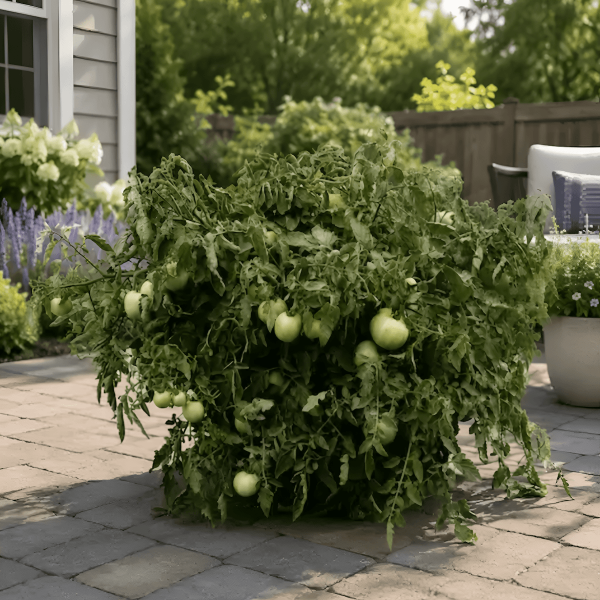 A dense tomato plant growing from a compact Urban Harvester container on a backyard patio.