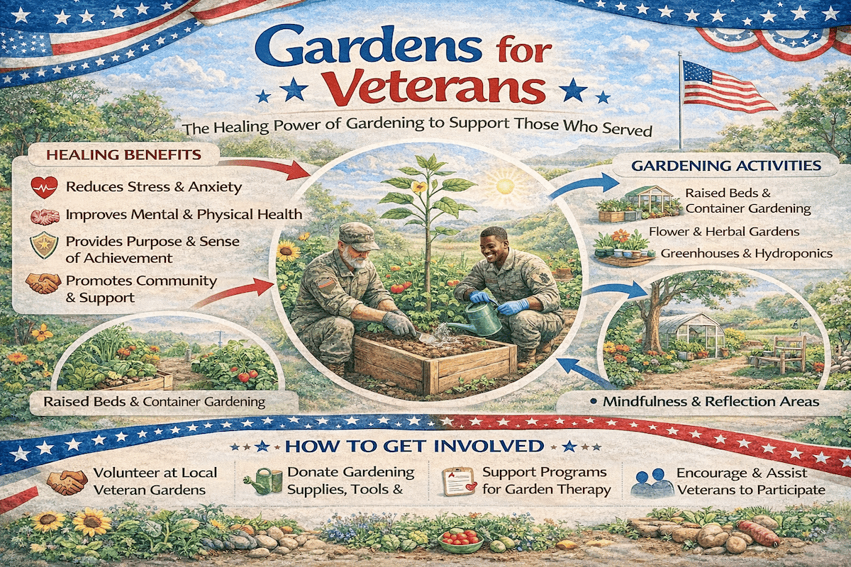 Gardens for Veterans infographic showing how therapeutic gardening programs support veteran mental health, community connection, and fresh food access.