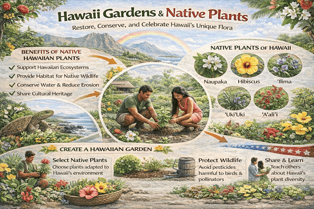 Hawaii gardens native plants infographic showing benefits of native Hawaiian plants and examples like hibiscus, naupaka, ʻilima, and ʻukiʻuki for sustainable island gardens