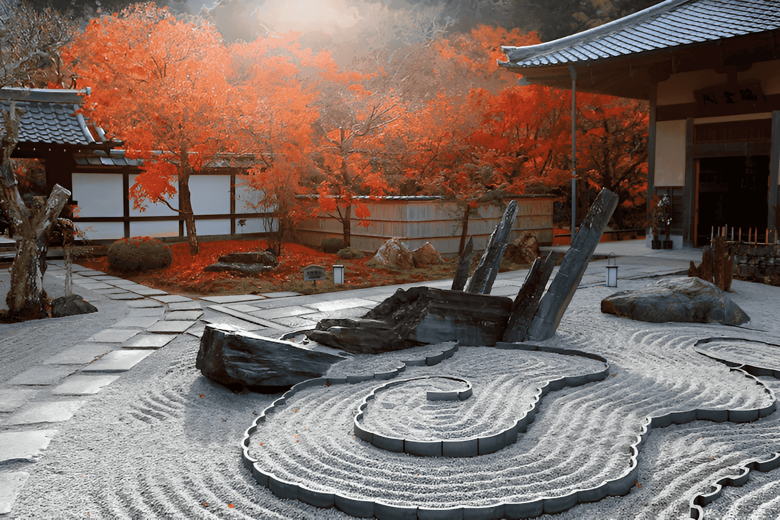 Japanese Zen therapeutic garden with gravel pathways and stone design