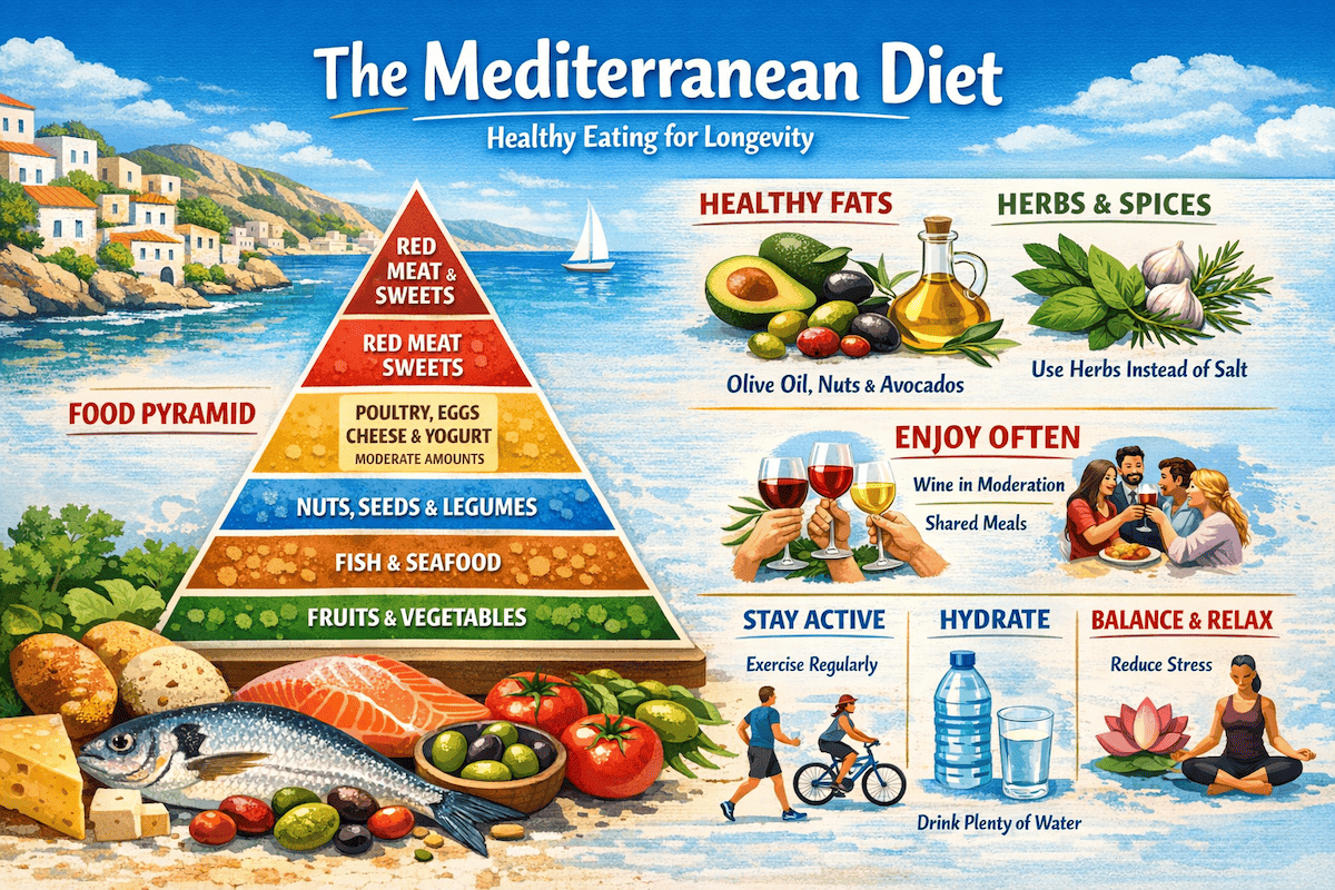 Mediterranean diet infographic showing key foods, plate balance, and health benefits