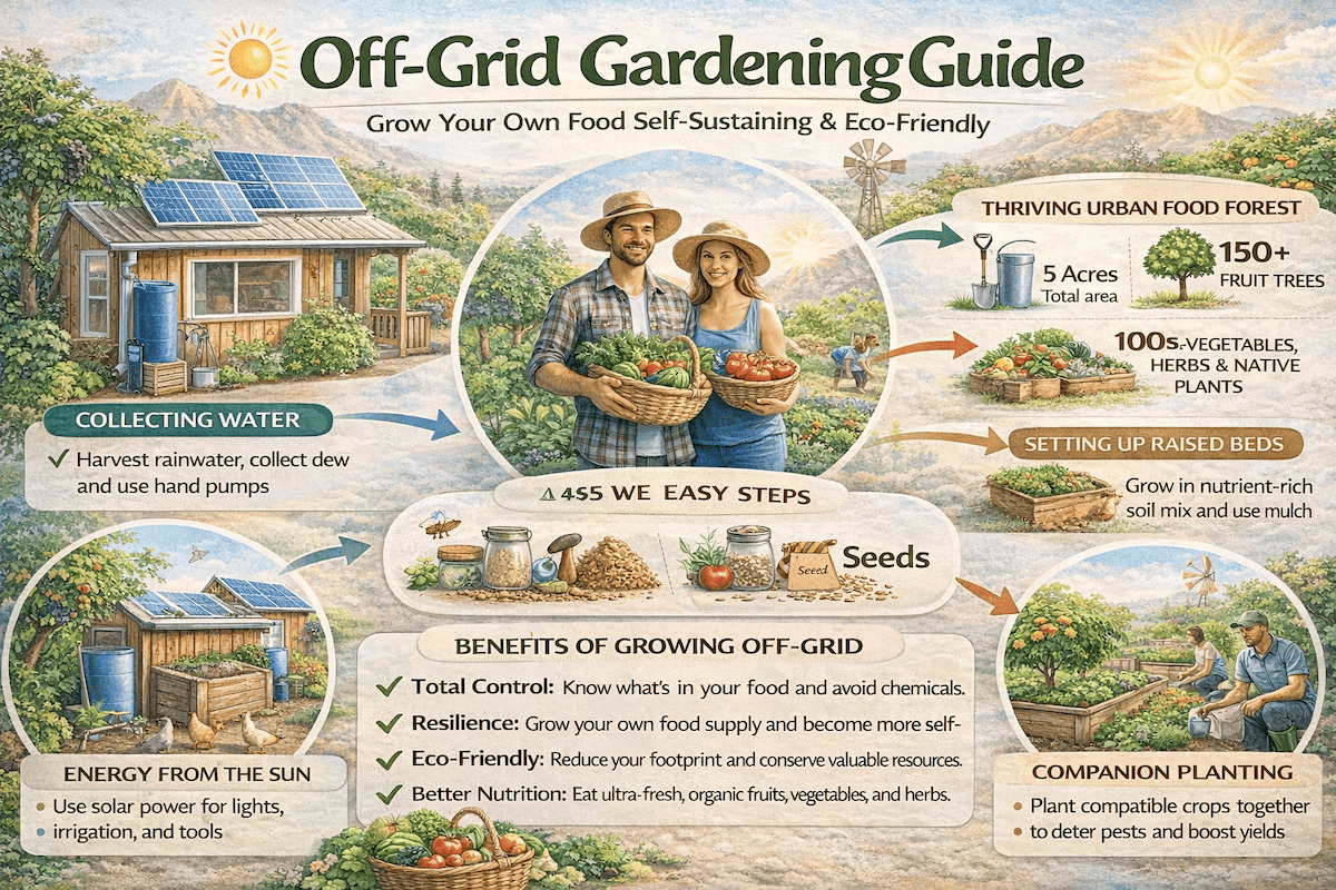 Off-grid gardening guide infographic explaining how to grow food sustainably without grid power using rainwater harvesting and regenerative gardening methods