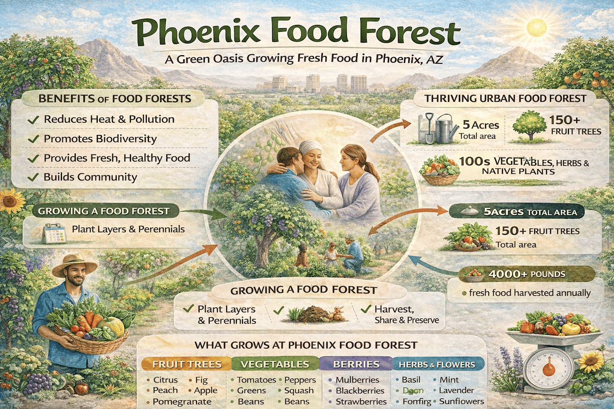 Phoenix food forest infographic showing layered permaculture planting with fruit trees, shrubs, vegetables, herbs, and ground cover in a desert-adapted urban food forest system