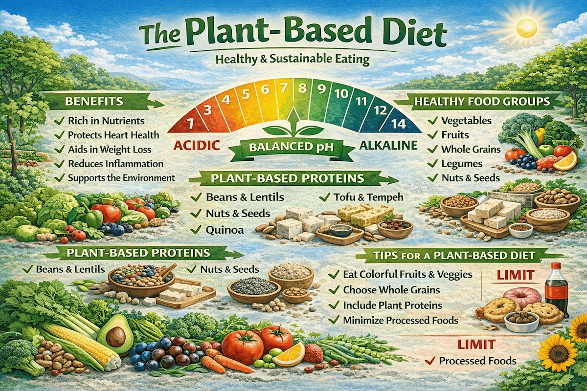 Plant-based diets infographic showing key foods, nutrients, and health benefits for cancer prevention research