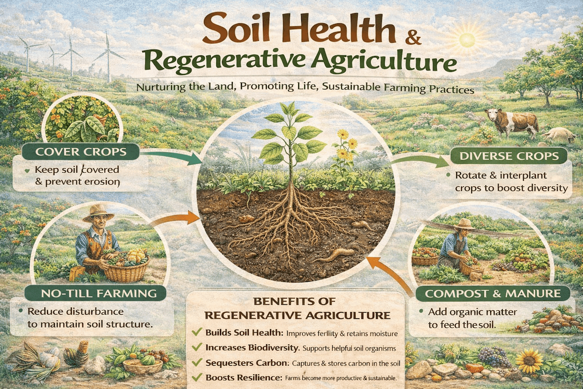 Soil health and regenerative agriculture infographic showing cover crops, composting, biodiversity, and soil-building practices