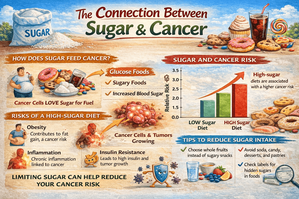 Infographic explaining the relationship between sugar metabolism and cancer
