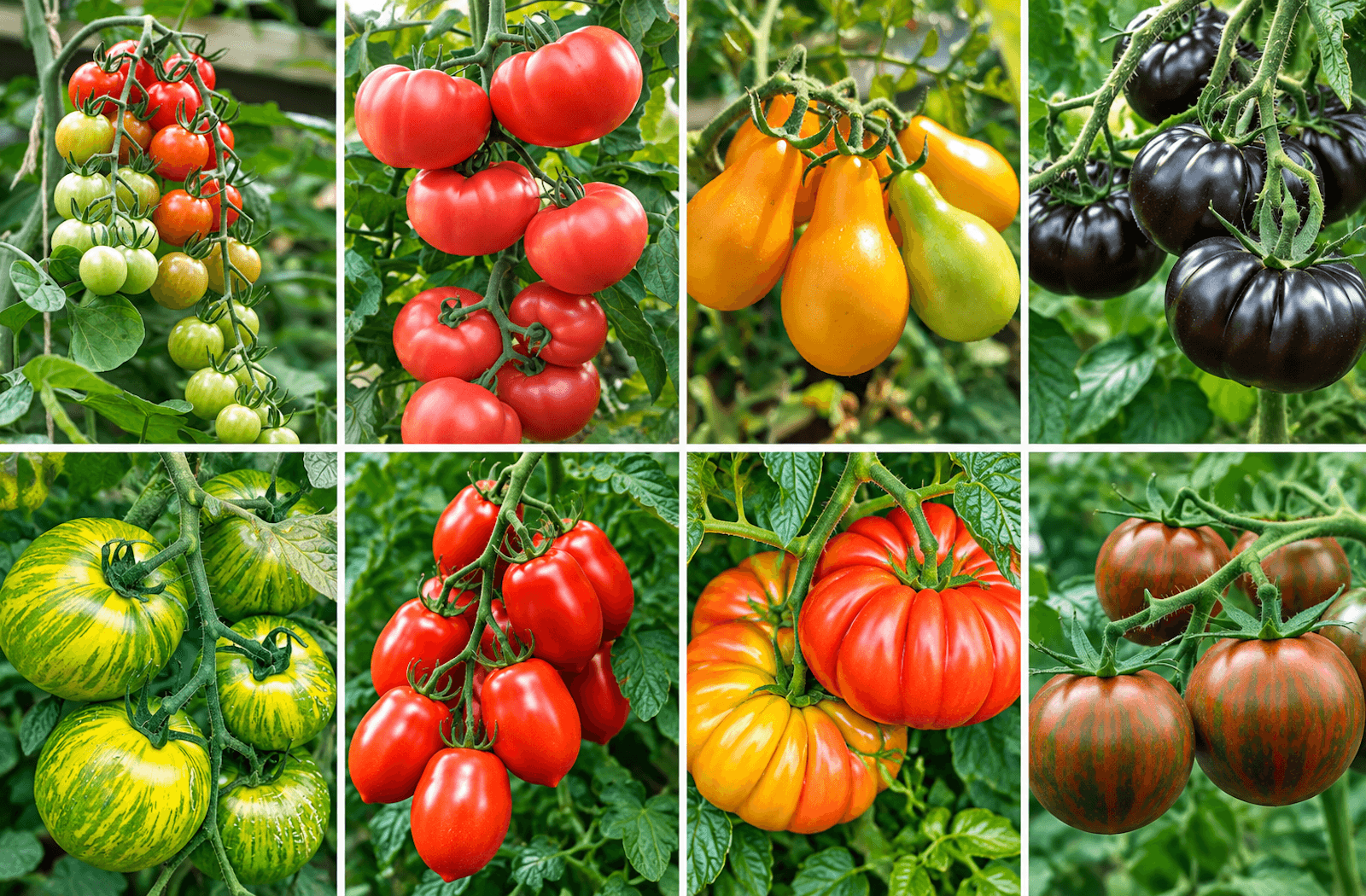 Collage showing beefsteak, cherry, globe, and heirloom tomato varieties that can be grown in a Tomato Volcano.