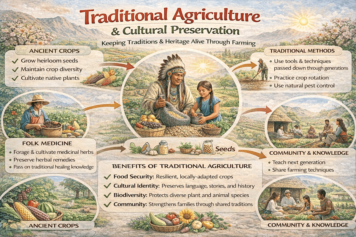 Traditional agriculture and cultural preservation infographic showing heritage farming practices, seed saving, intergenerational knowledge, and community food systems