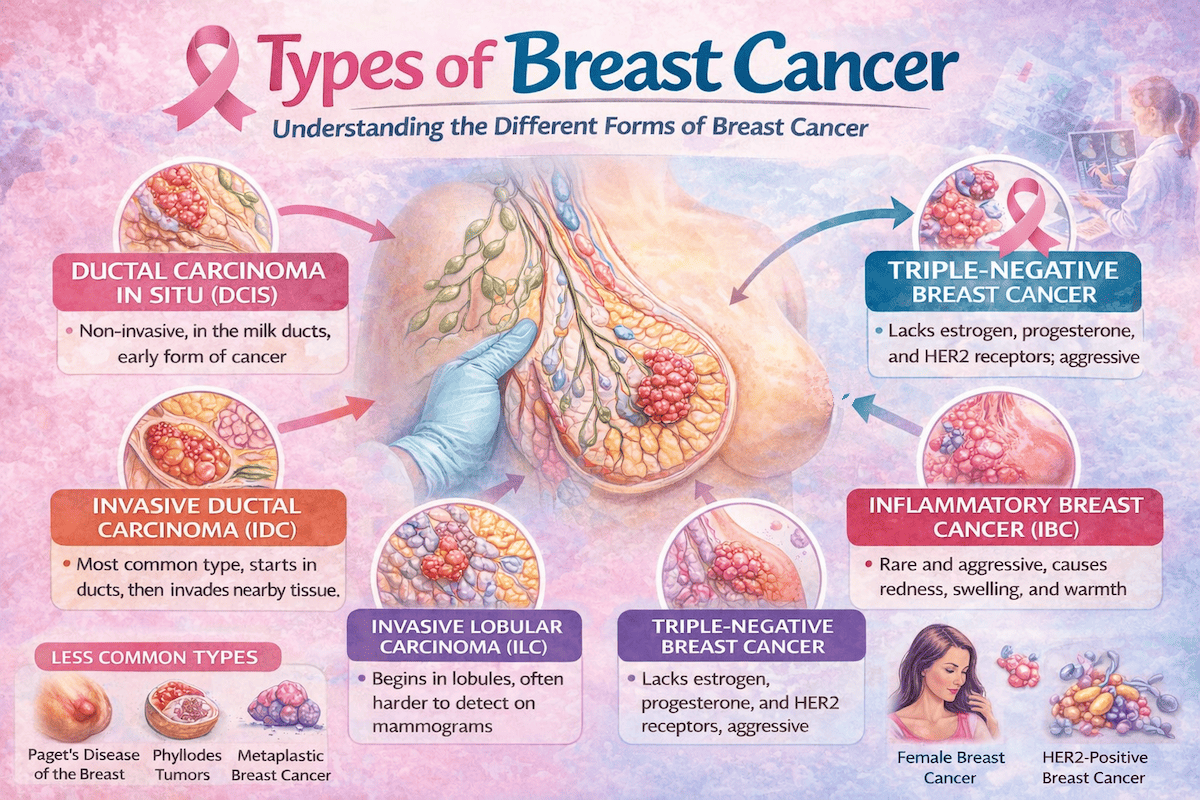 Infographic showing different types of breast cancer including ductal carcinoma, lobular carcinoma, HER2 positive and triple negative