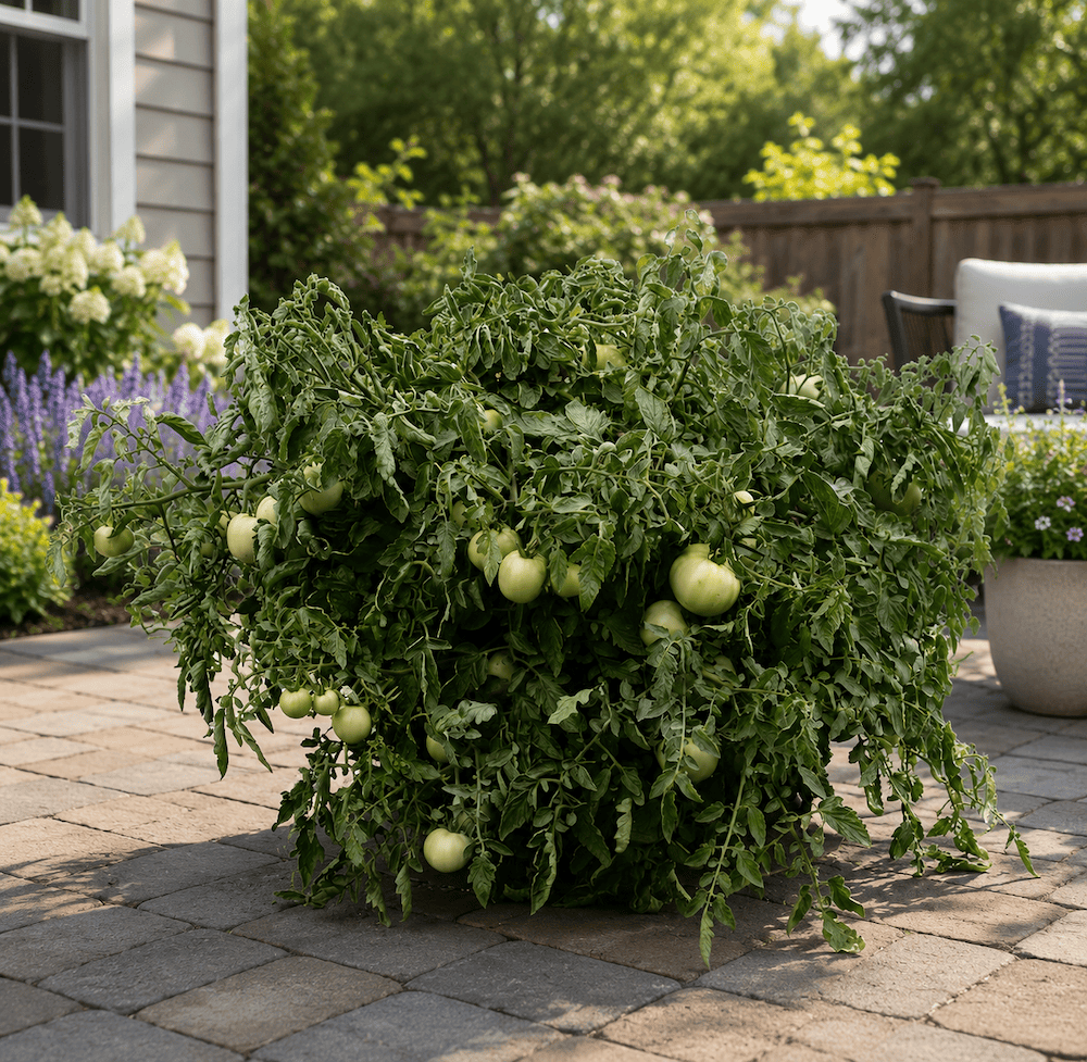 A dense tomato plant spilling over the sides of a compact container on a backyard patio. The plant is heavily loaded with unripe green tomatoes and lush green foliage, creating a high-yield urban garden look. The setting includes stone pavers, flowering plants, a wooden fence, and patio furniture in soft natural sunlight, giving the image a productive and inviting home-garden atmosphere.
